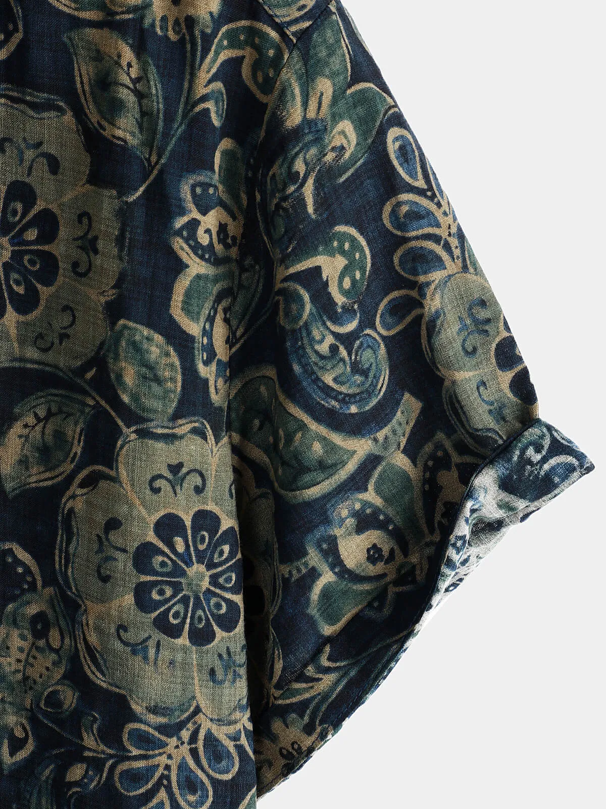 Men's Short Sleeve Casual Holiday Vintage Floral Button Green Cotton Shirt