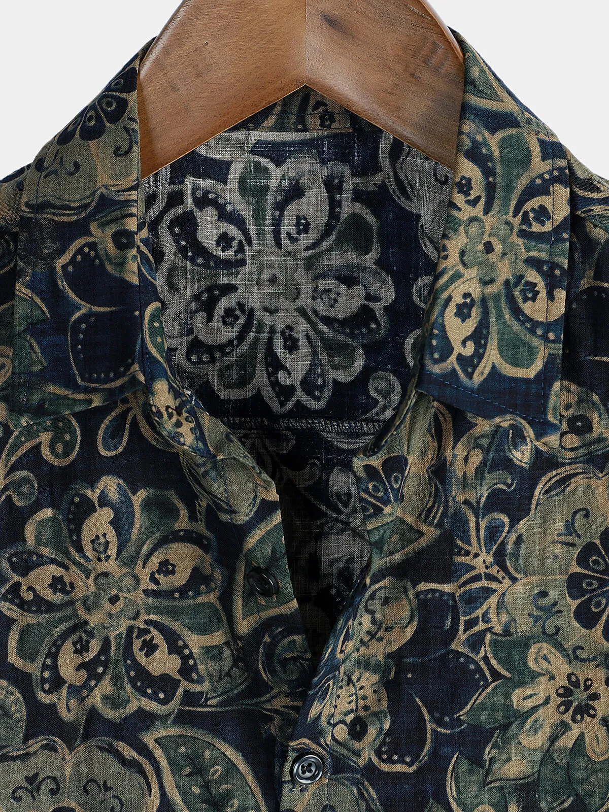 Men's Short Sleeve Casual Holiday Vintage Floral Button Green Cotton Shirt