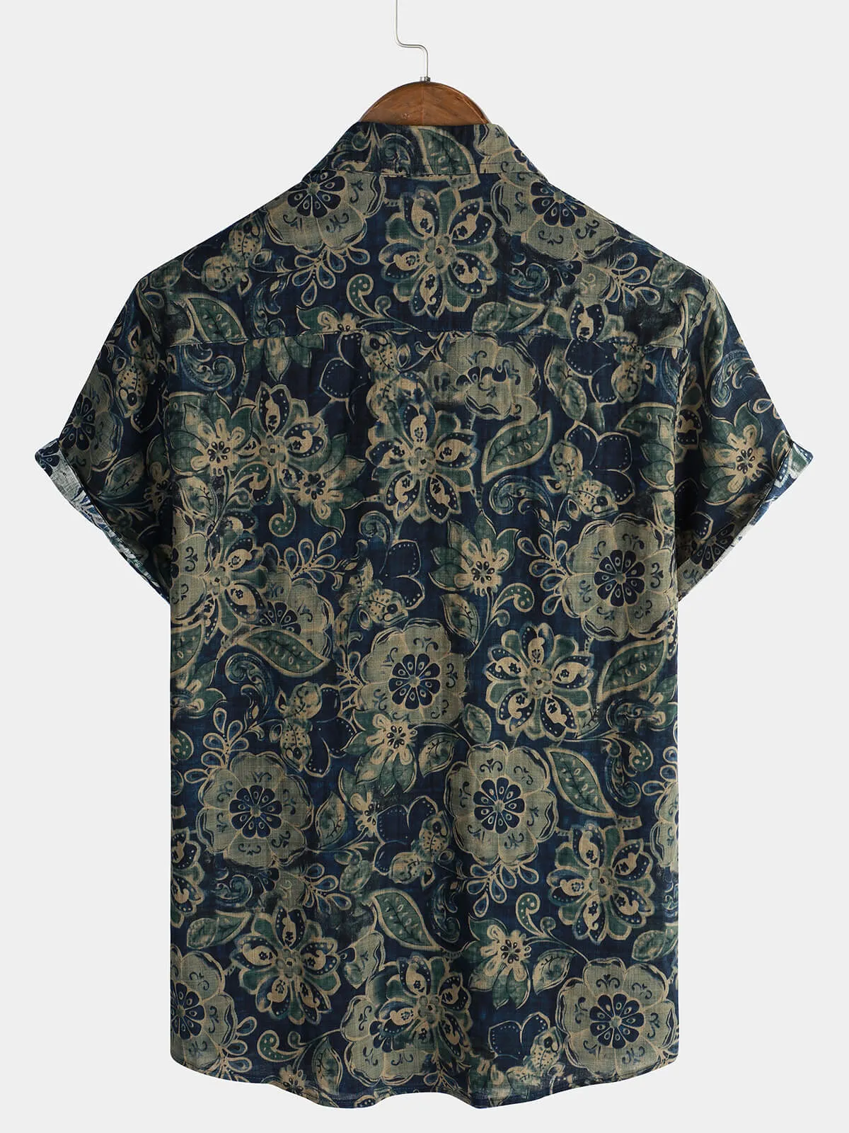 Men's Short Sleeve Casual Holiday Vintage Floral Button Green Cotton Shirt