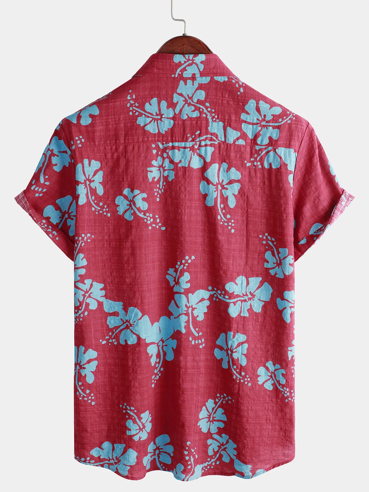 Men's Short Sleeve Red Floral Button Up Beach Tropical Hawaiian Shirt