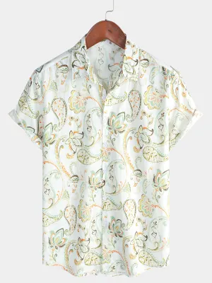 Men's Short Sleeve White Holiday Summer Paisley Floral Button Up Hawaiian Cotton Shirt
