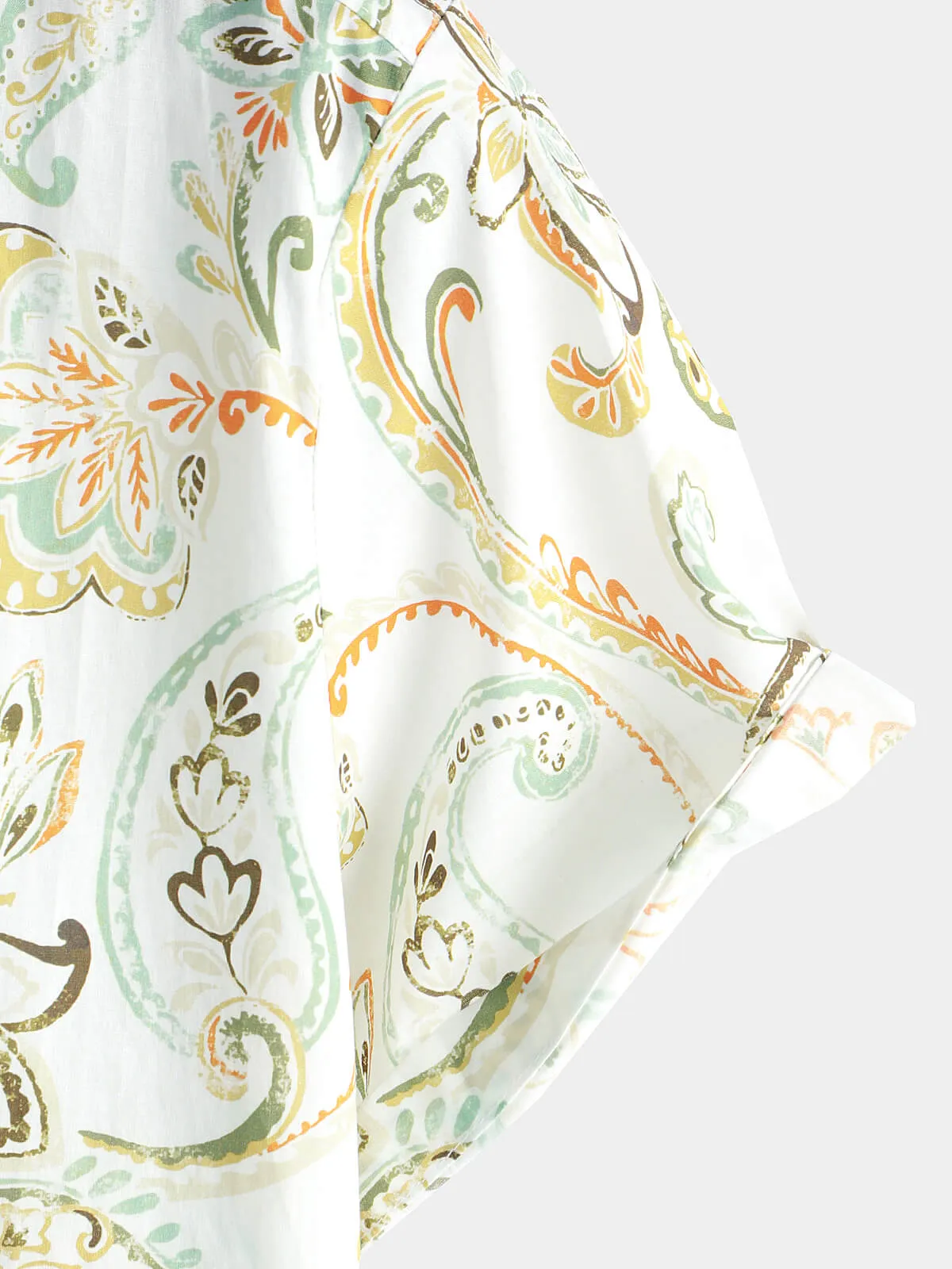 Men's Short Sleeve White Holiday Summer Paisley Floral Button Up Hawaiian Cotton Shirt