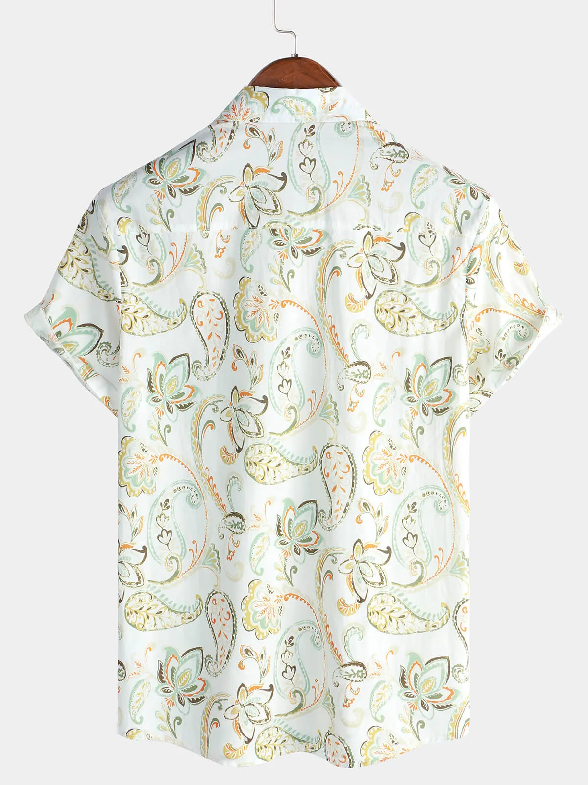 Men's Short Sleeve White Holiday Summer Paisley Floral Button Up Hawaiian Cotton Shirt
