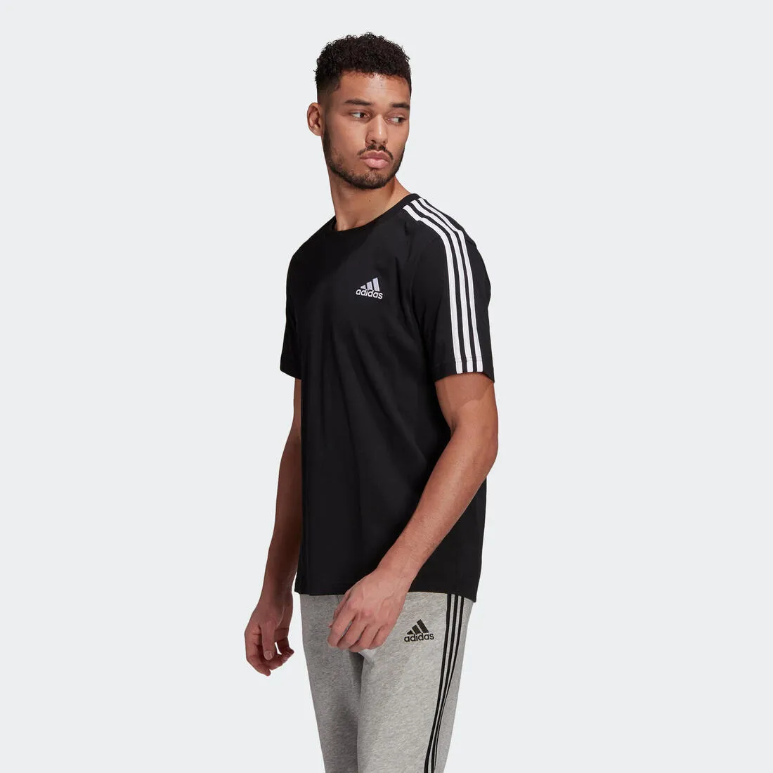 Men's Short-Sleeved Fitted-Cut Crew Neck Cotton Fitness T-Shirt 3 Stripes - Black