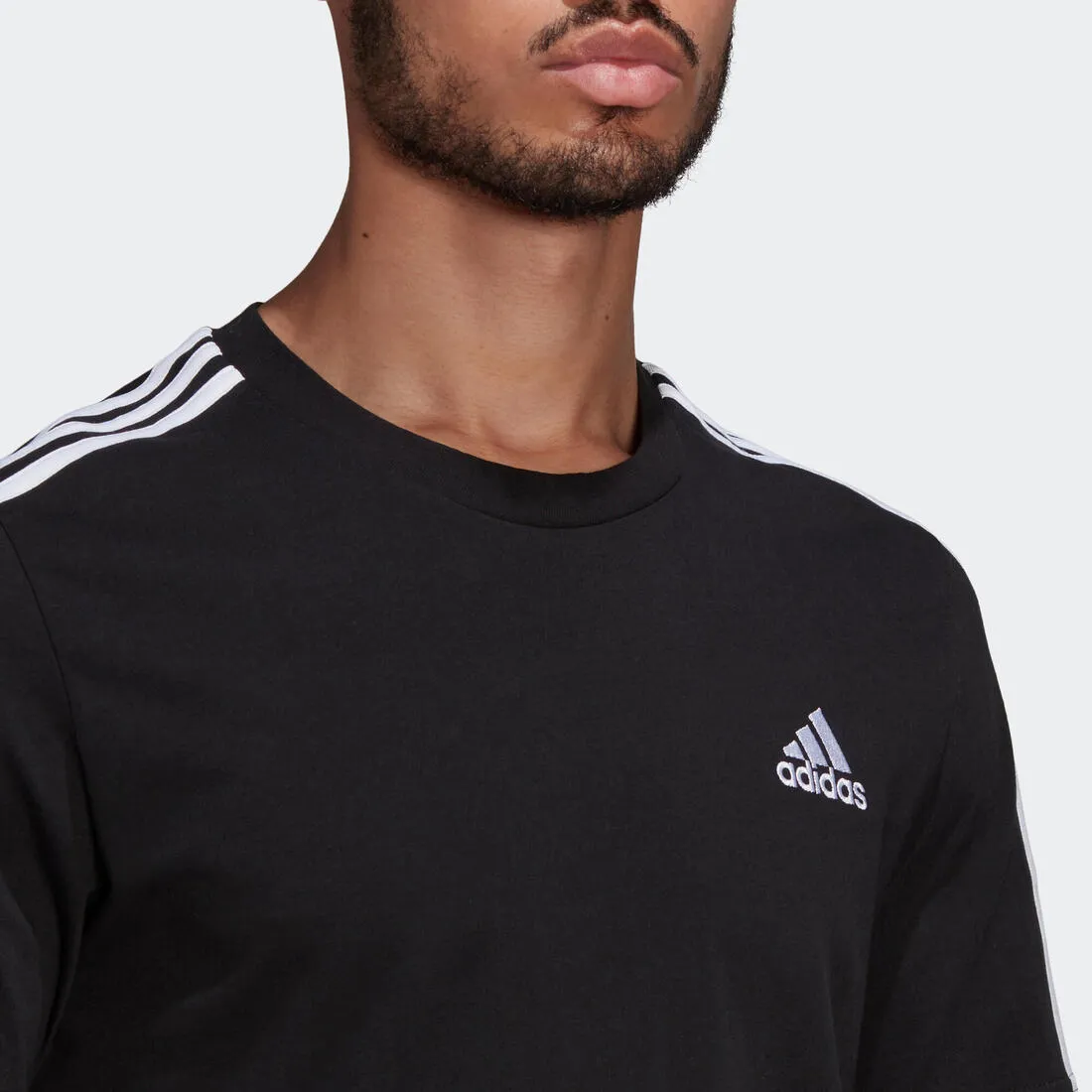 Men's Short-Sleeved Fitted-Cut Crew Neck Cotton Fitness T-Shirt 3 Stripes - Black