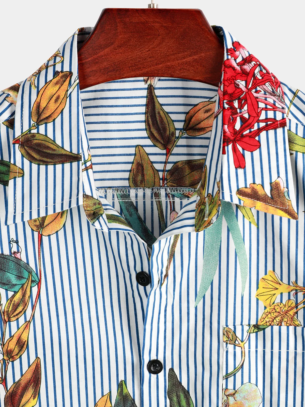 Men's Striped & Floral Print Hawaiian Pocket Short Sleeve Shirt
