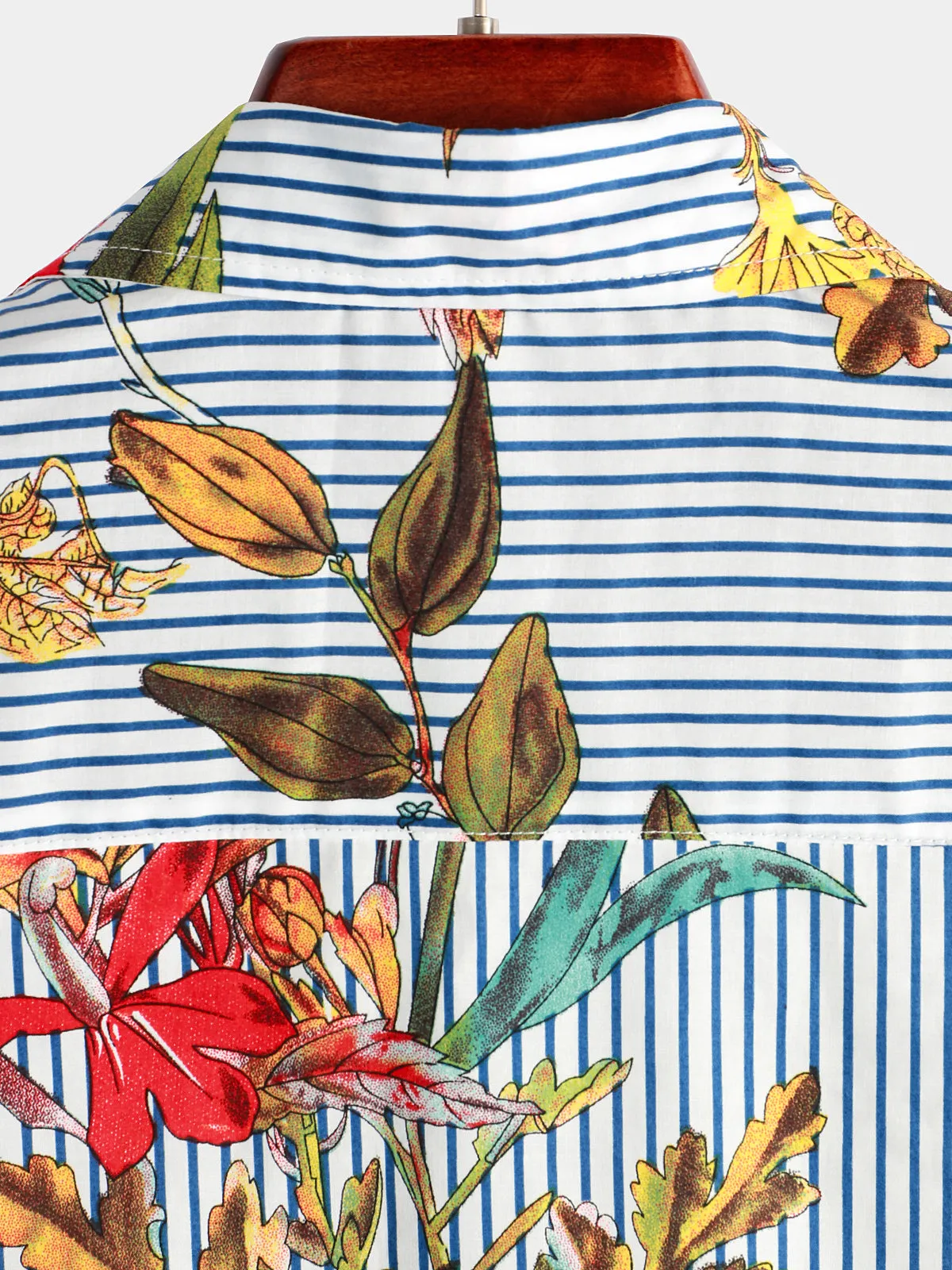 Men's Striped & Floral Print Hawaiian Pocket Short Sleeve Shirt