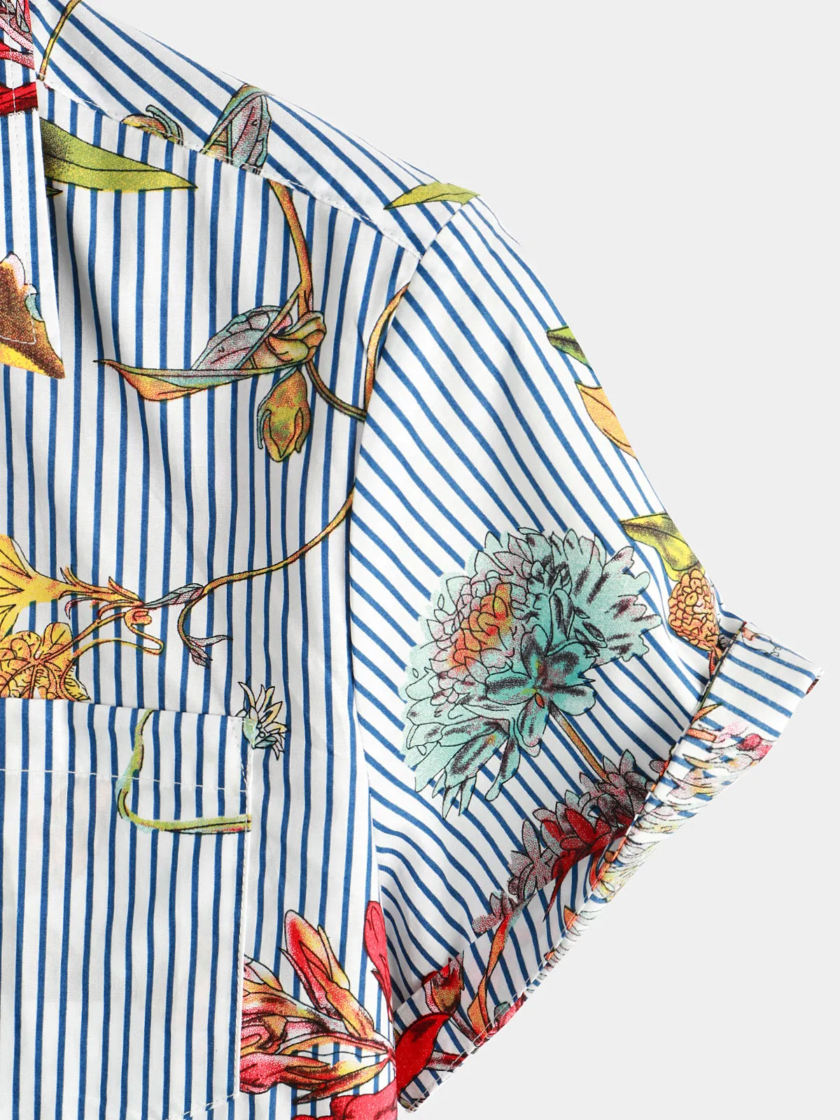 Men's Striped & Floral Print Hawaiian Pocket Short Sleeve Shirt