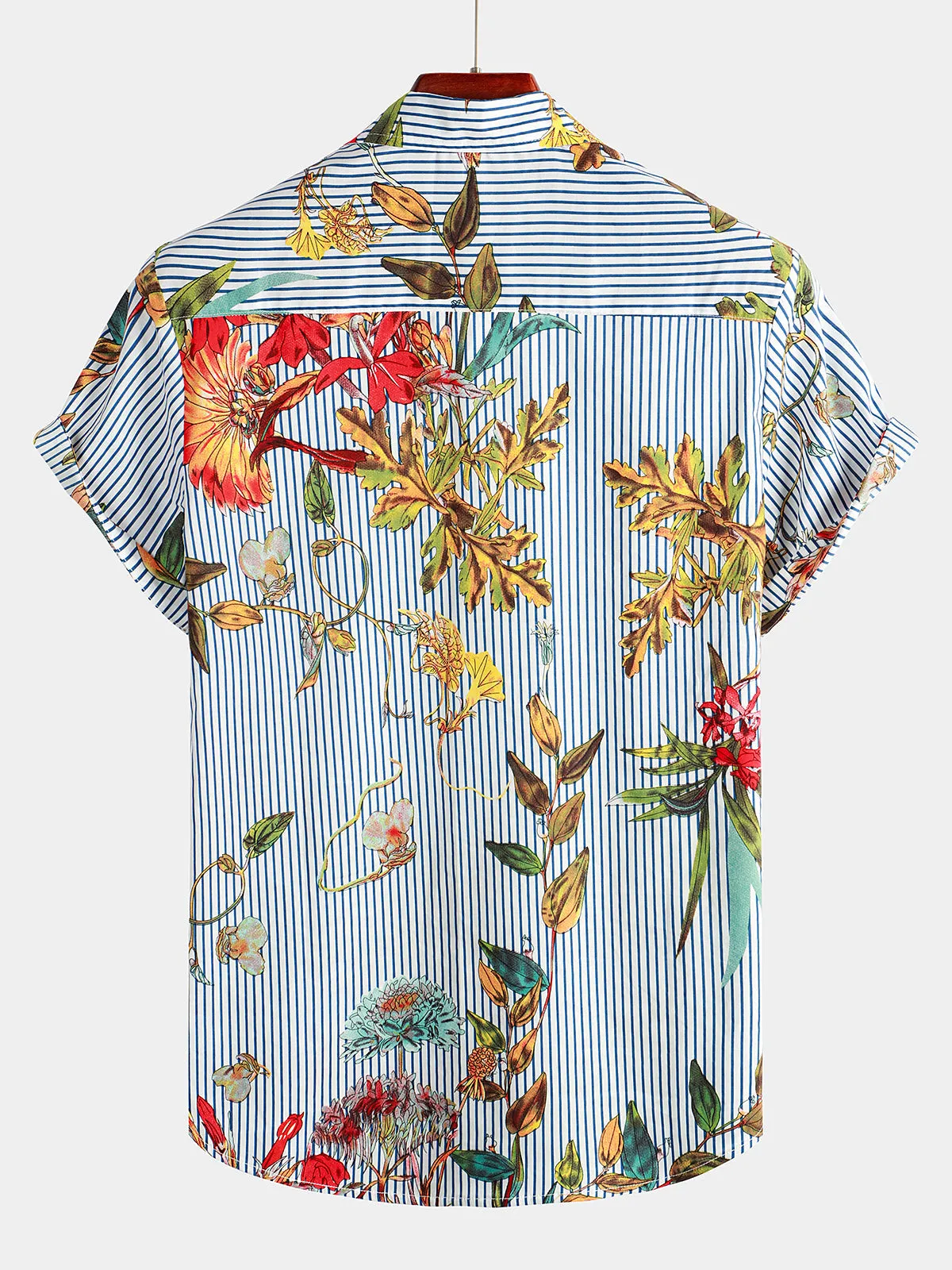 Men's Striped & Floral Print Hawaiian Pocket Short Sleeve Shirt