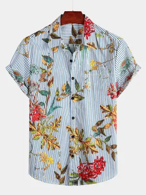 Men's Striped & Floral Print Hawaiian Pocket Short Sleeve Shirt