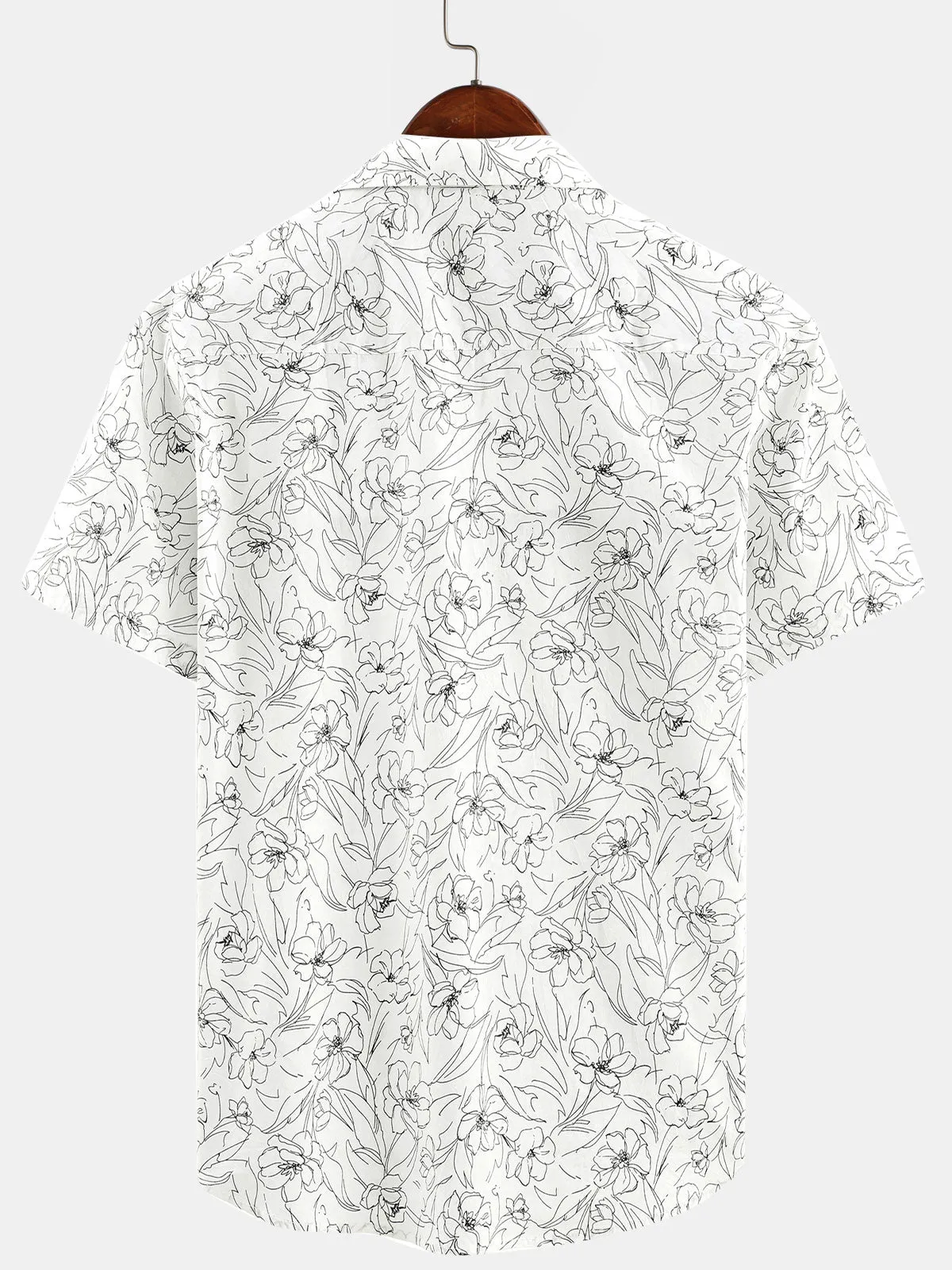 Men's Summer Casual Line Floral Print White Cotton Short Sleeve Shirt