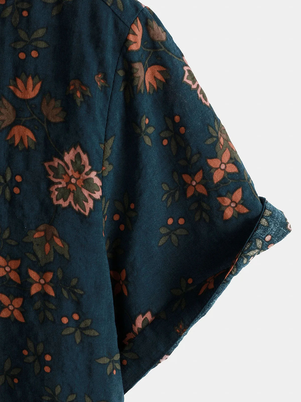 Men's Summer Floral Navy Blue Button Up Short Sleeve Cotton Shirt