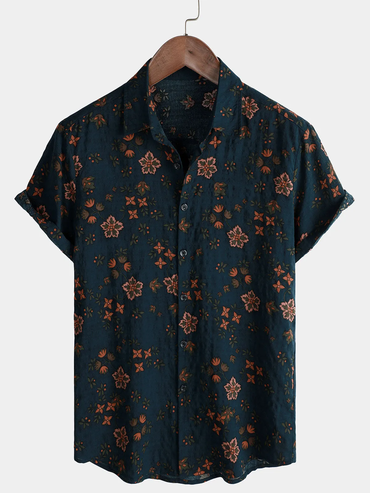 Men's Summer Floral Navy Blue Button Up Short Sleeve Cotton Shirt