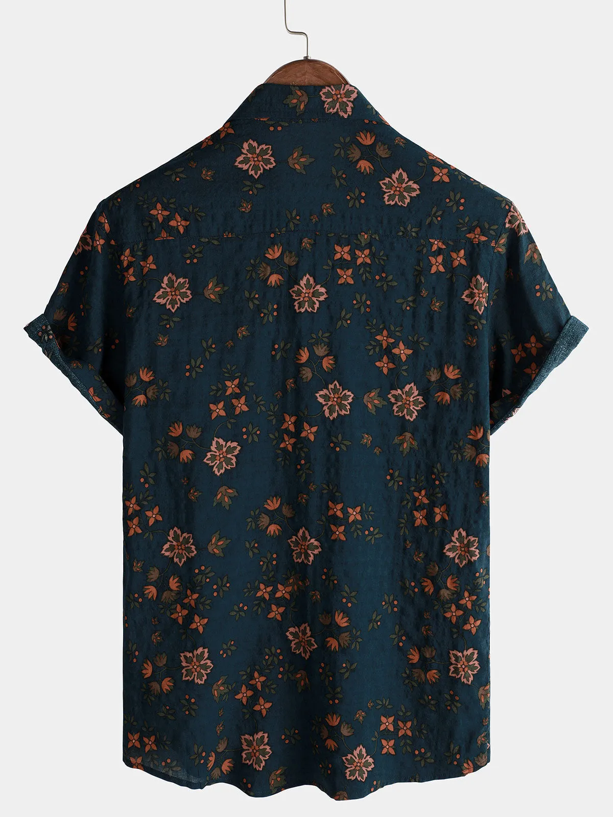 Men's Summer Floral Navy Blue Button Up Short Sleeve Cotton Shirt
