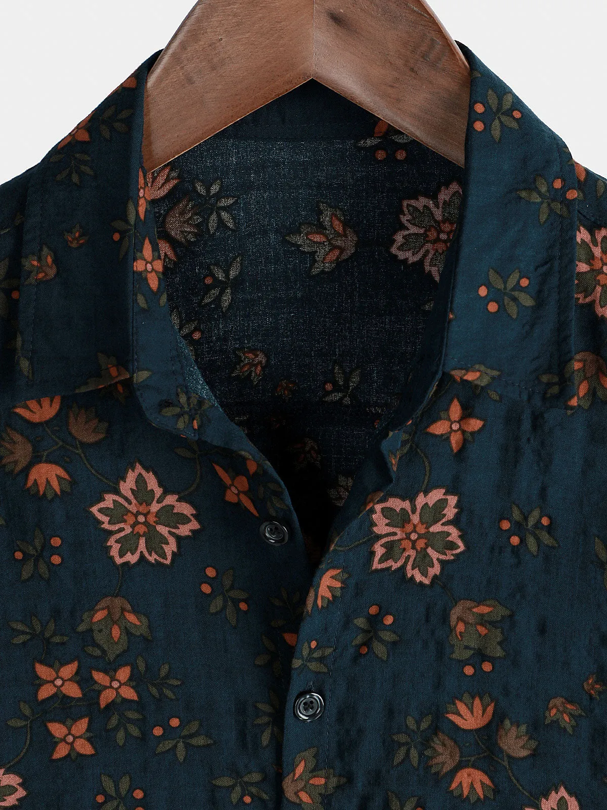 Men's Summer Floral Navy Blue Button Up Short Sleeve Cotton Shirt