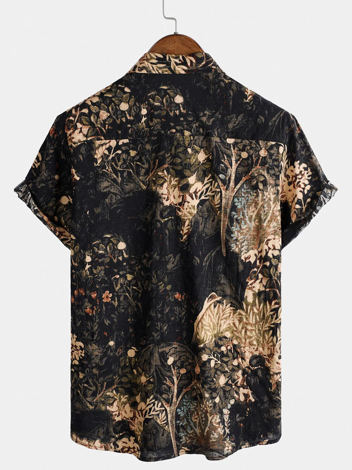 Men's Summer Retro Plant Print Button Up Short Sleeve Shirt