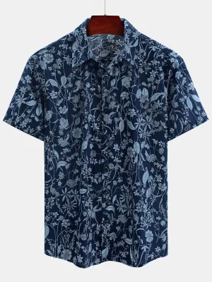 Men's Summer Tropical Print Cotton Casual Holiday Short Sleeve Shirt
