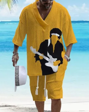 Men's V-Neck Luxury Color Block Musical Texture Print Shorts Set