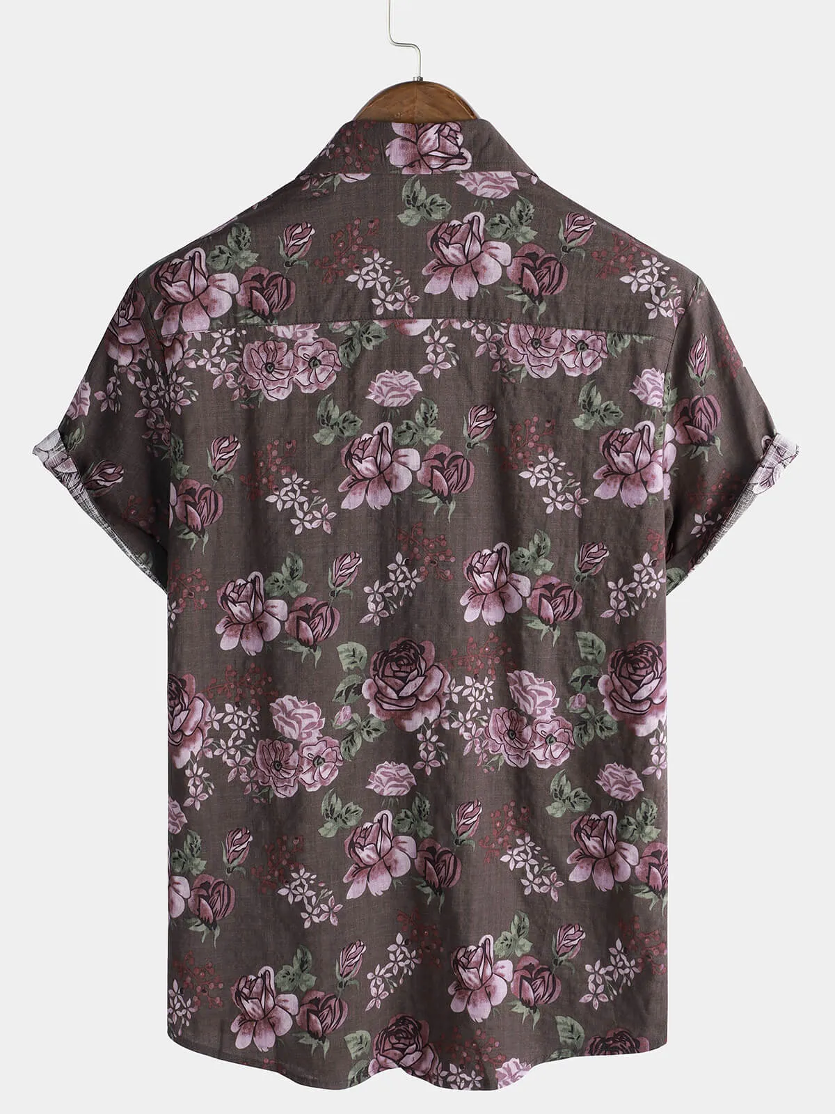 Men's Vintage Floral Button Up Purple Holiday Short Sleeve Shirt