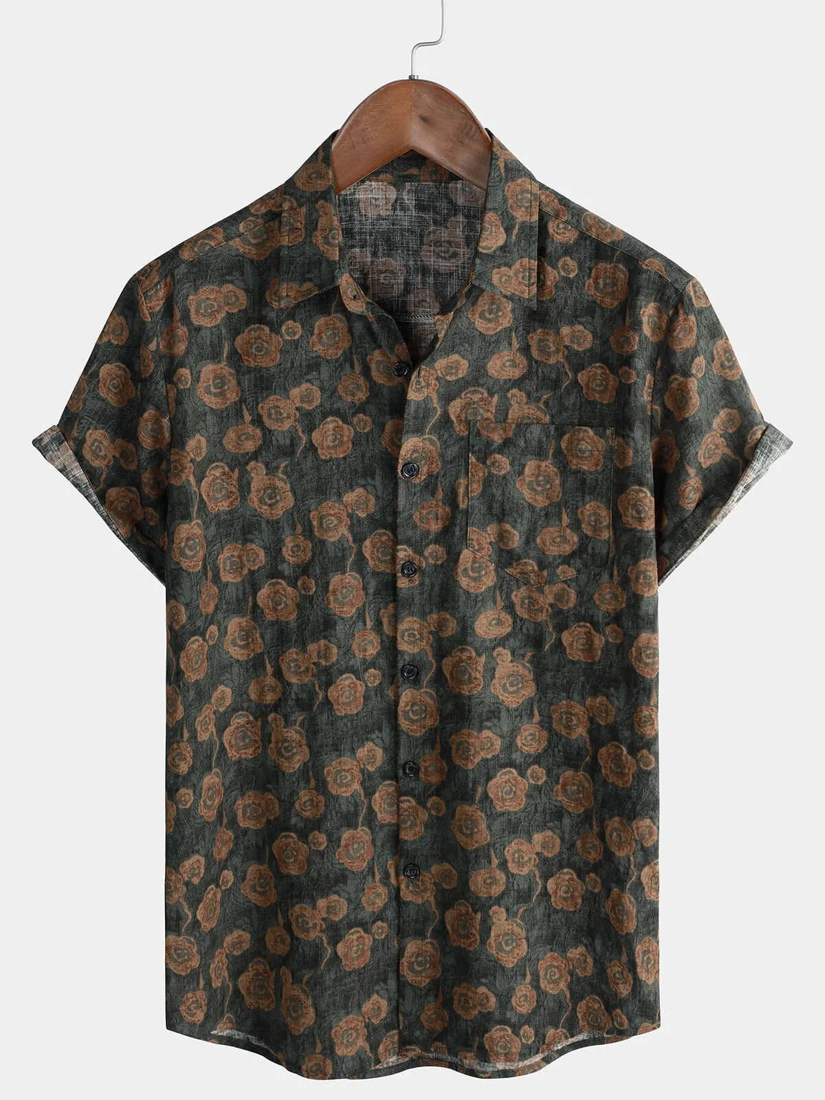 Men's Vintage Floral Holiday Pocket Summer Short Sleeve Button Up Shirt