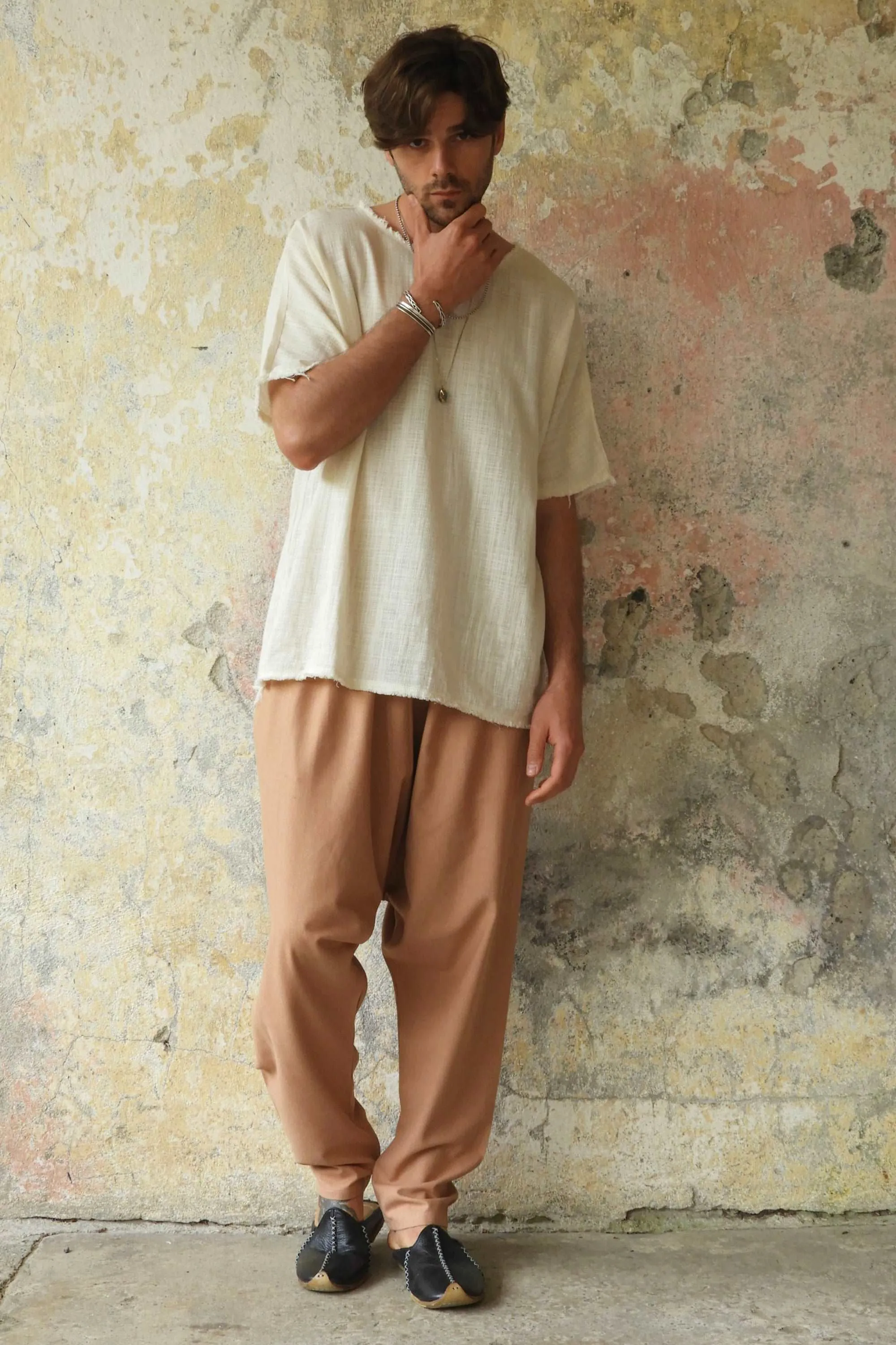 MOON Gender Neutral Linen Blend Harem Pants (Black, Tan)