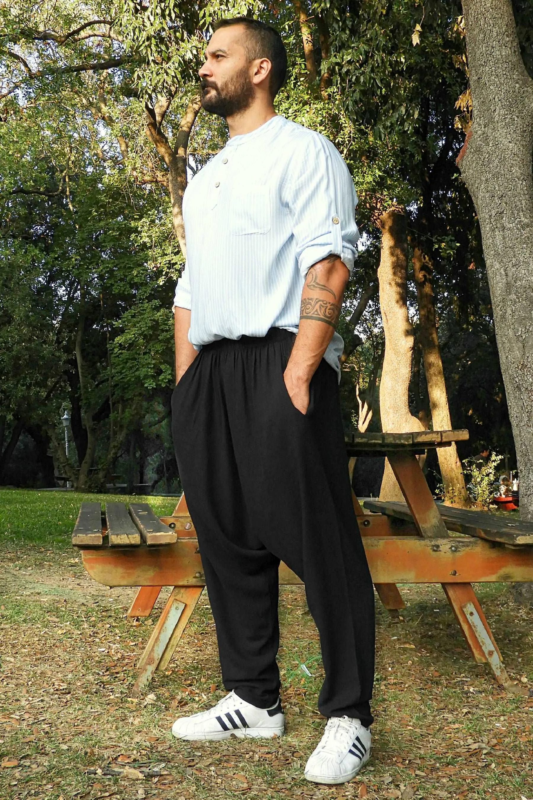MOON Gender Neutral Linen Blend Harem Pants (Black, Tan)