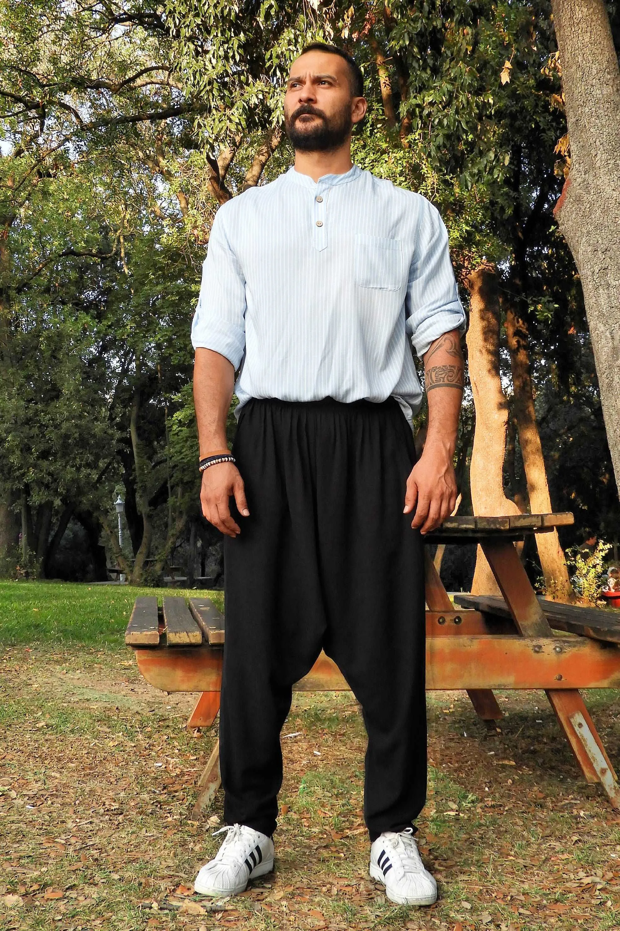MOON Gender Neutral Linen Blend Harem Pants (Black, Tan)