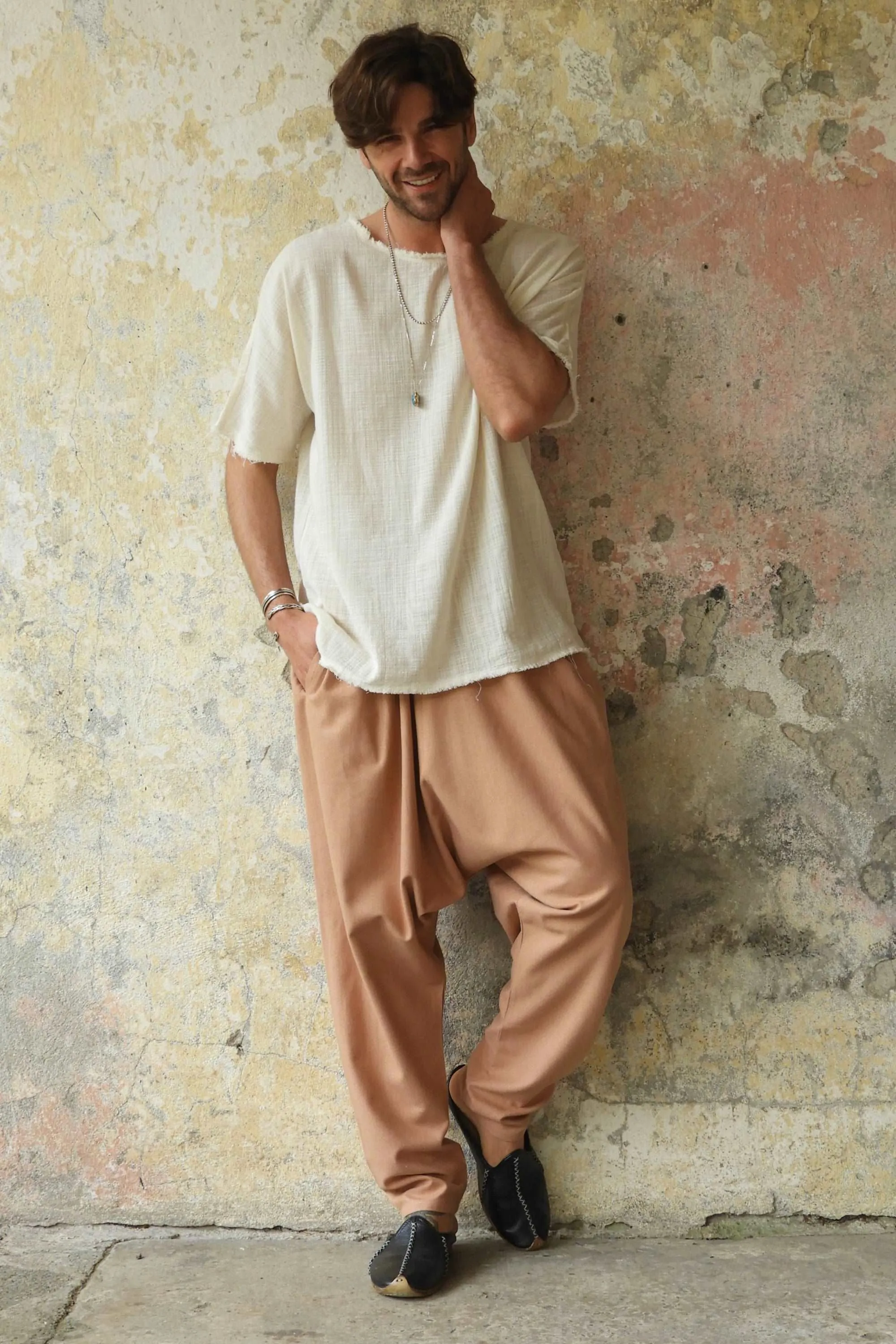 MOON Gender Neutral Linen Blend Harem Pants (Black, Tan)