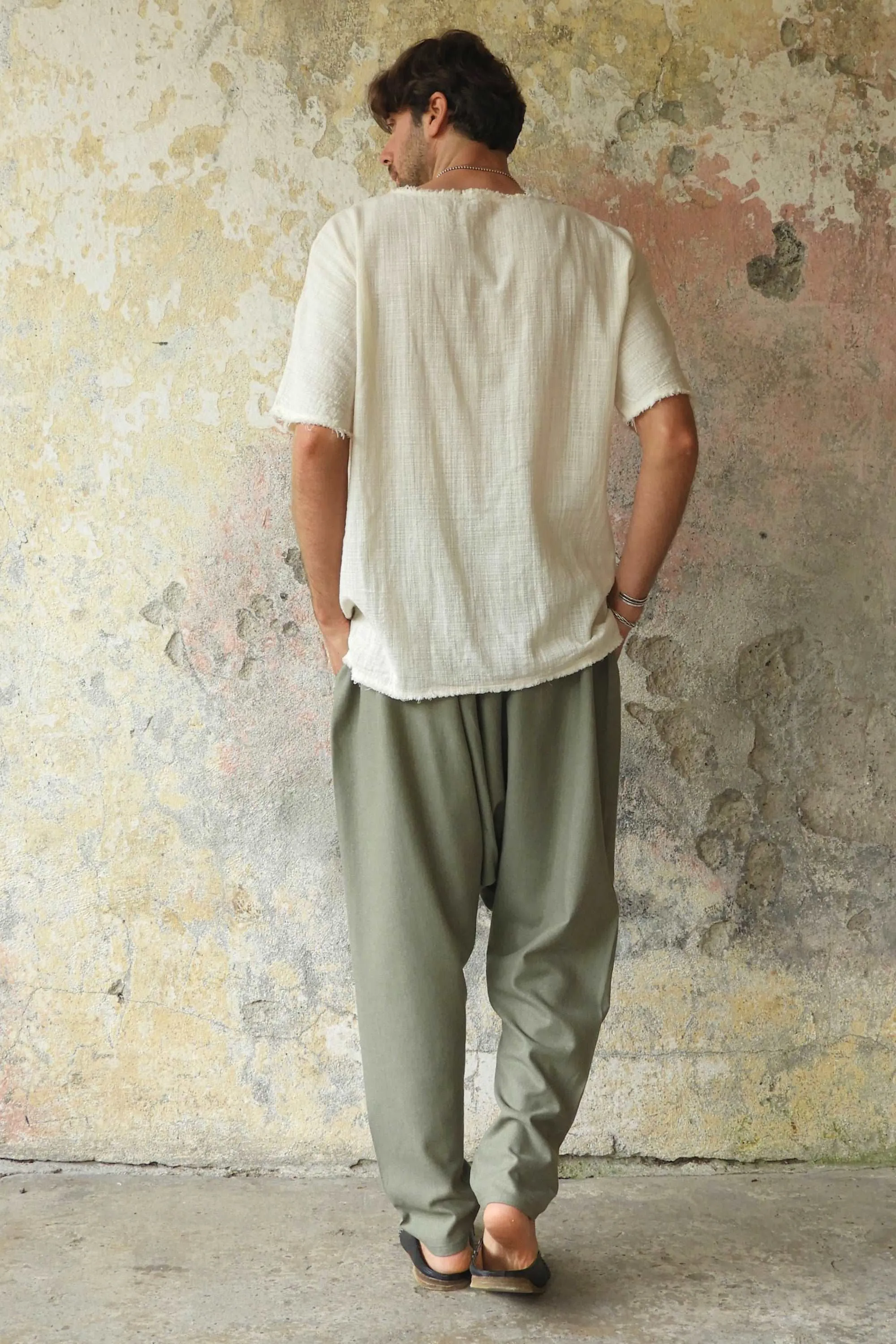 MOON Men's Linen Blend Harem Pants (Almond Green)