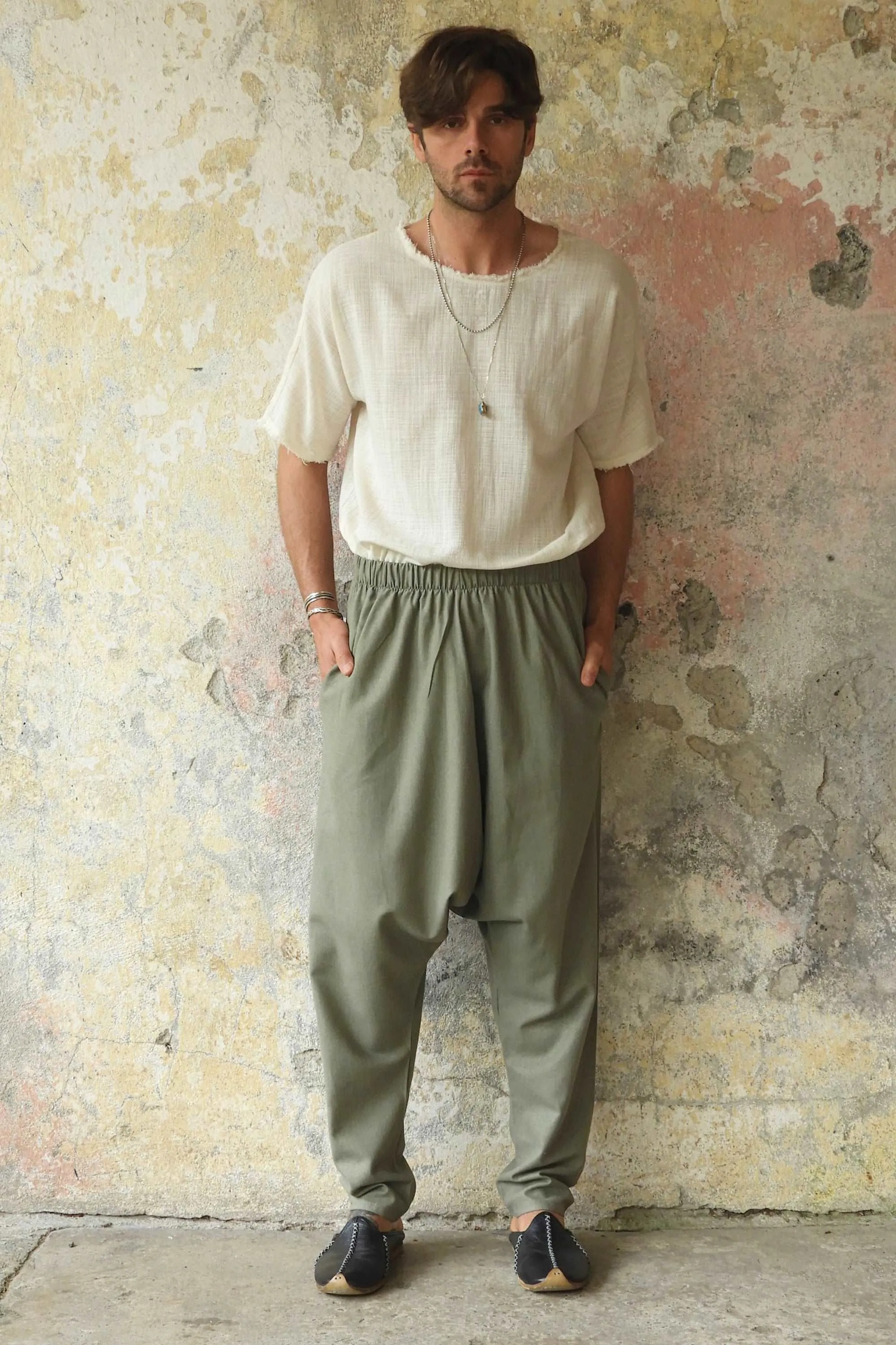 MOON Men's Linen Blend Harem Pants (Almond Green)