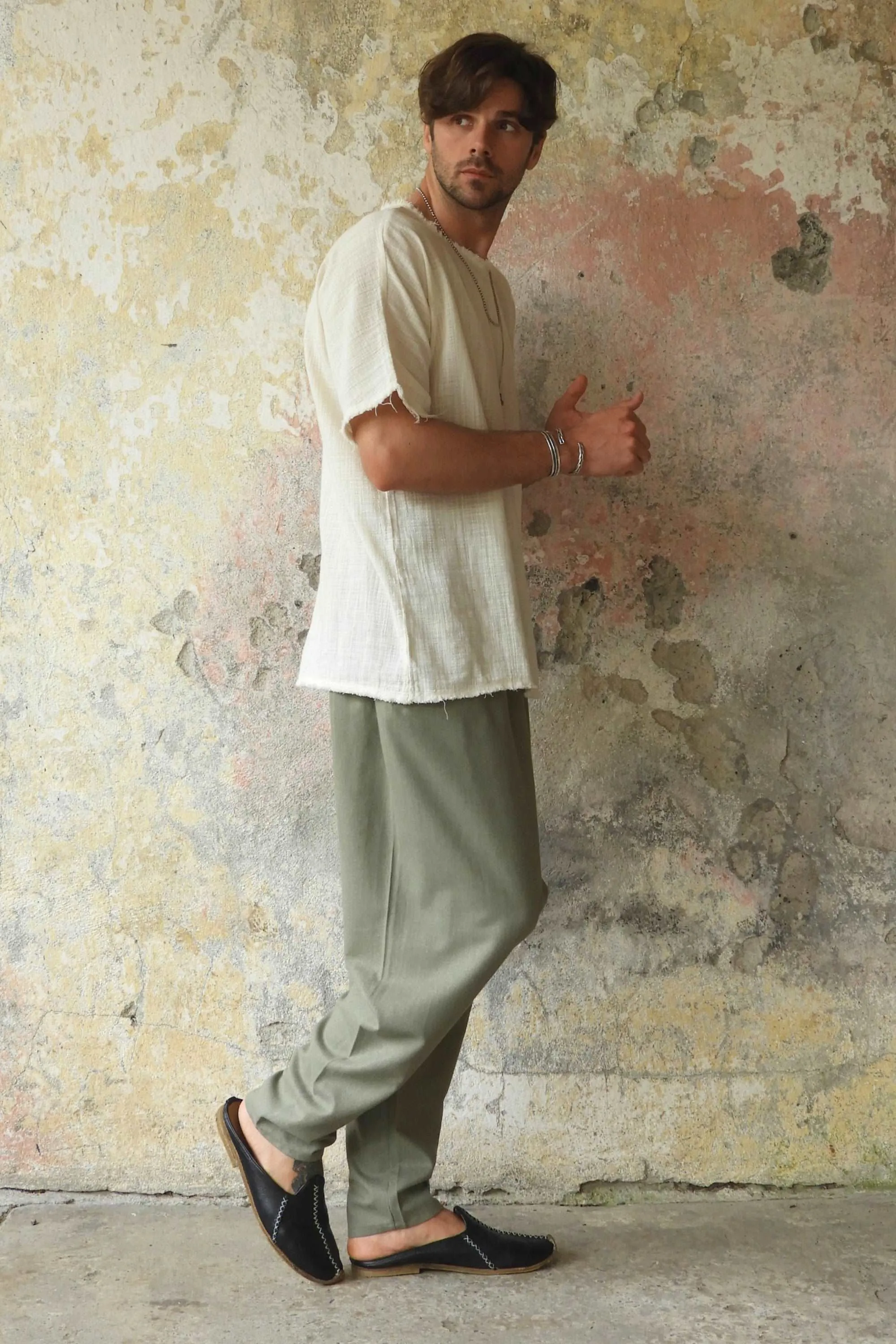 MOON Men's Linen Blend Harem Pants (Almond Green)