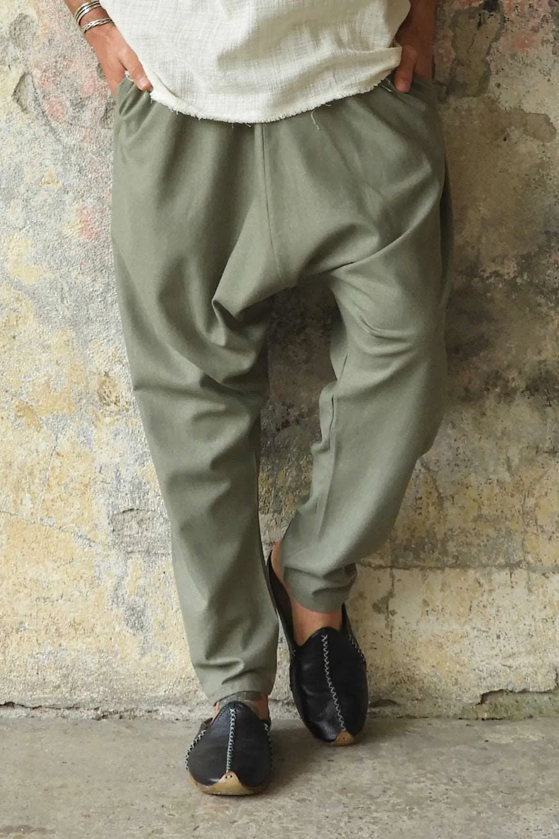 MOON Men's Linen Blend Harem Pants (Almond Green)