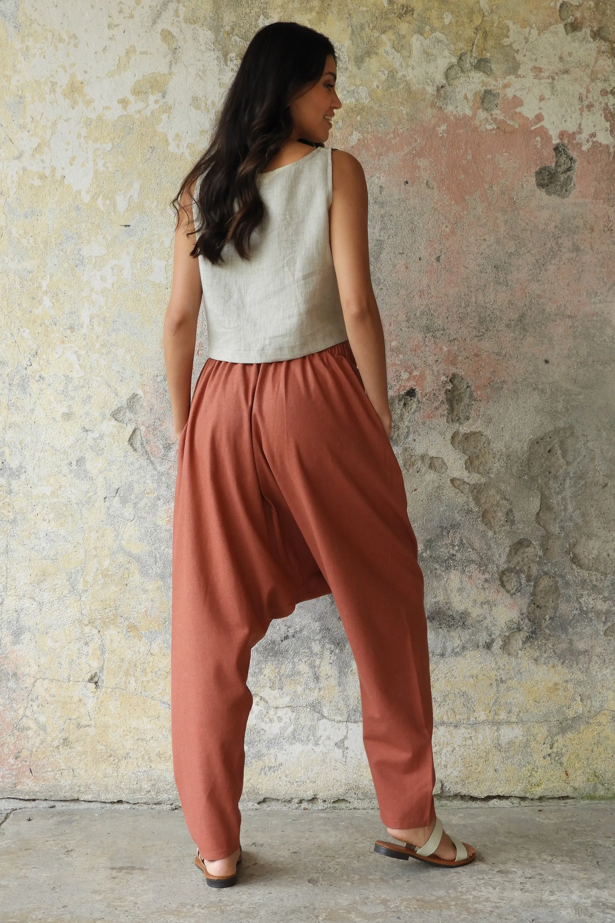 MOON Women's Linen Blend Harem Pants (Terra Cotta, Almond Green)