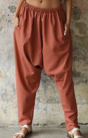 MOON Women's Linen Blend Harem Pants (Terra Cotta, Almond Green)