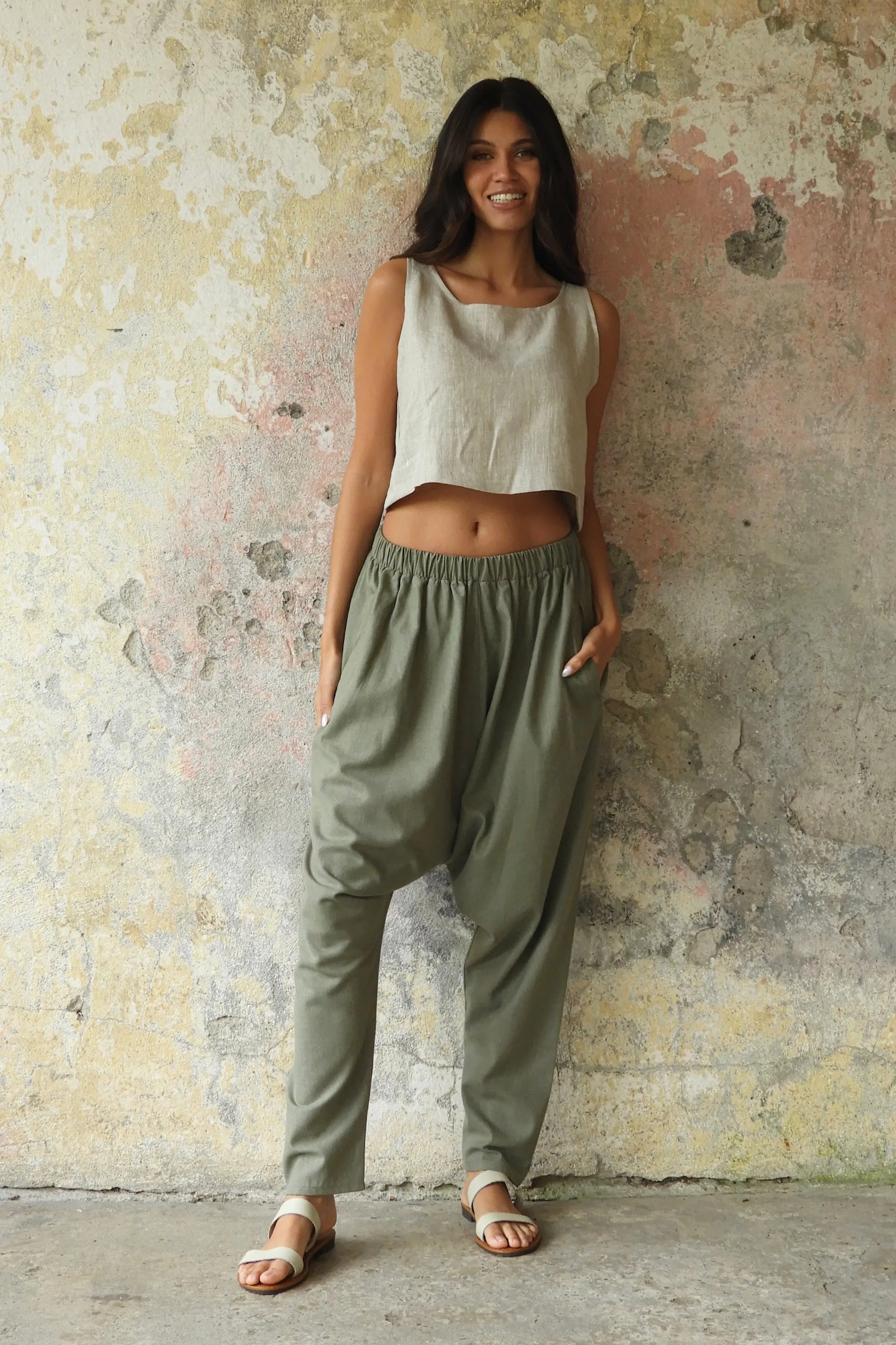 MOON Women's Linen Blend Harem Pants (Terra Cotta, Almond Green)