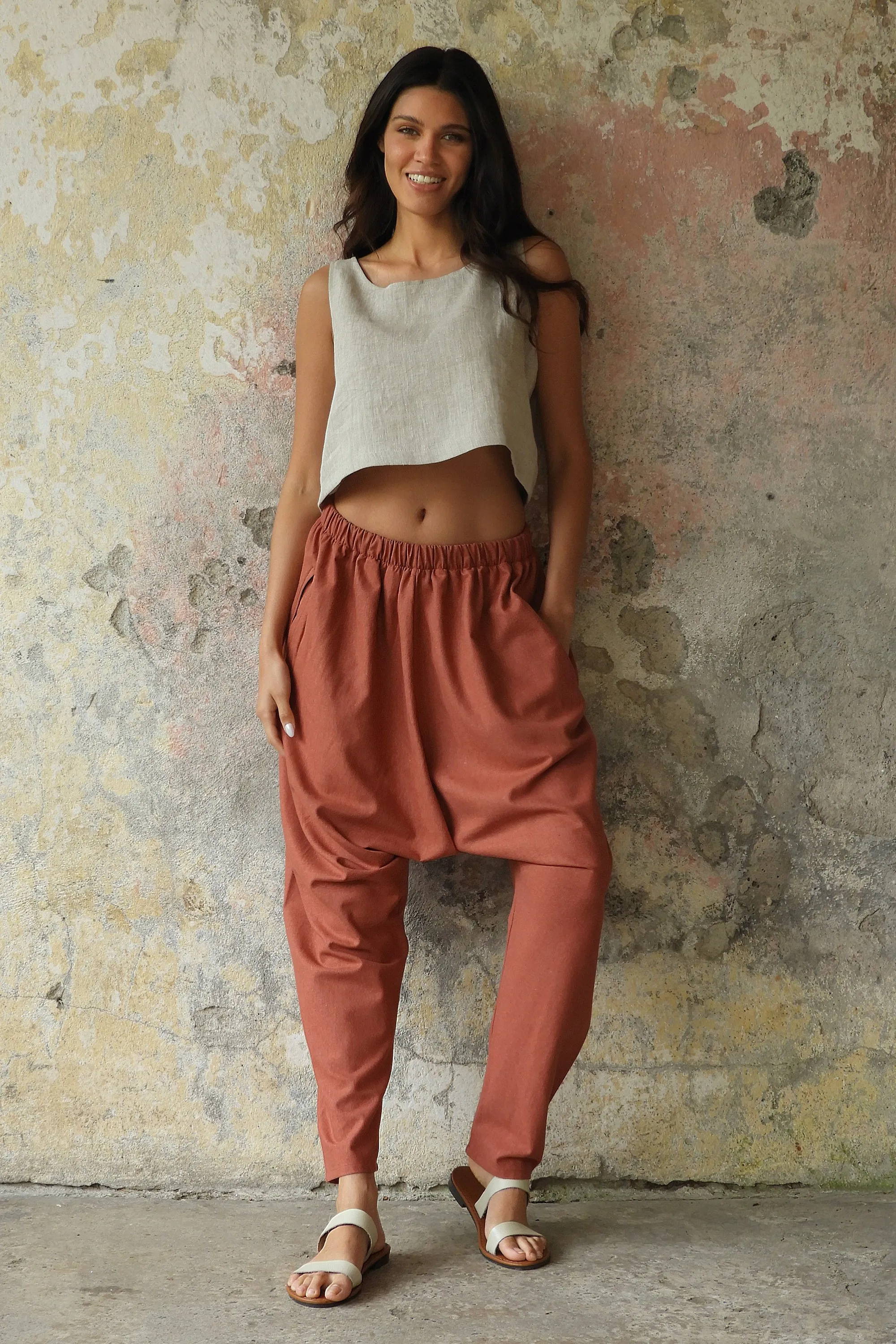 MOON Women's Linen Blend Harem Pants (Terra Cotta, Almond Green)