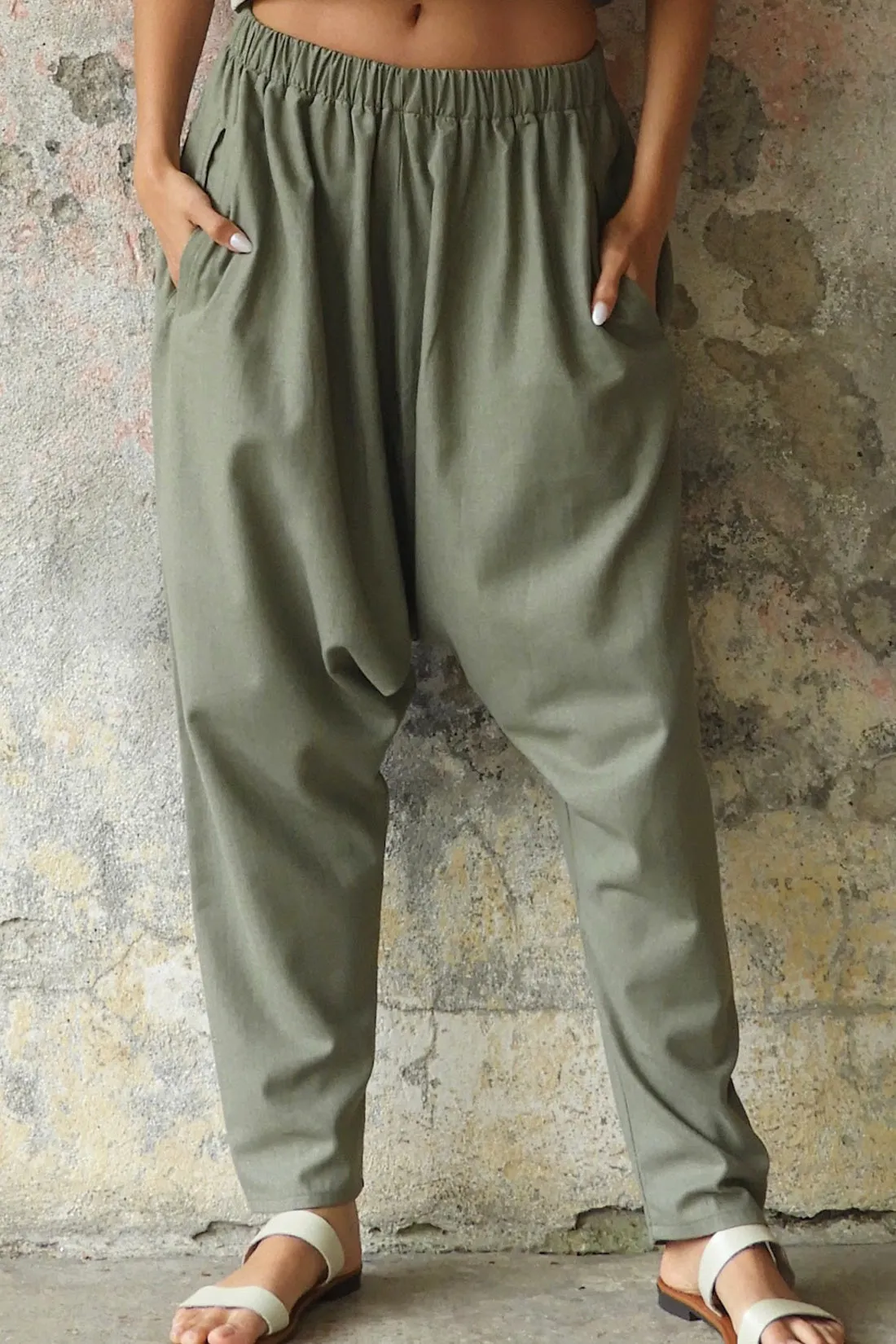 MOON Women's Linen Blend Harem Pants (Terra Cotta, Almond Green)