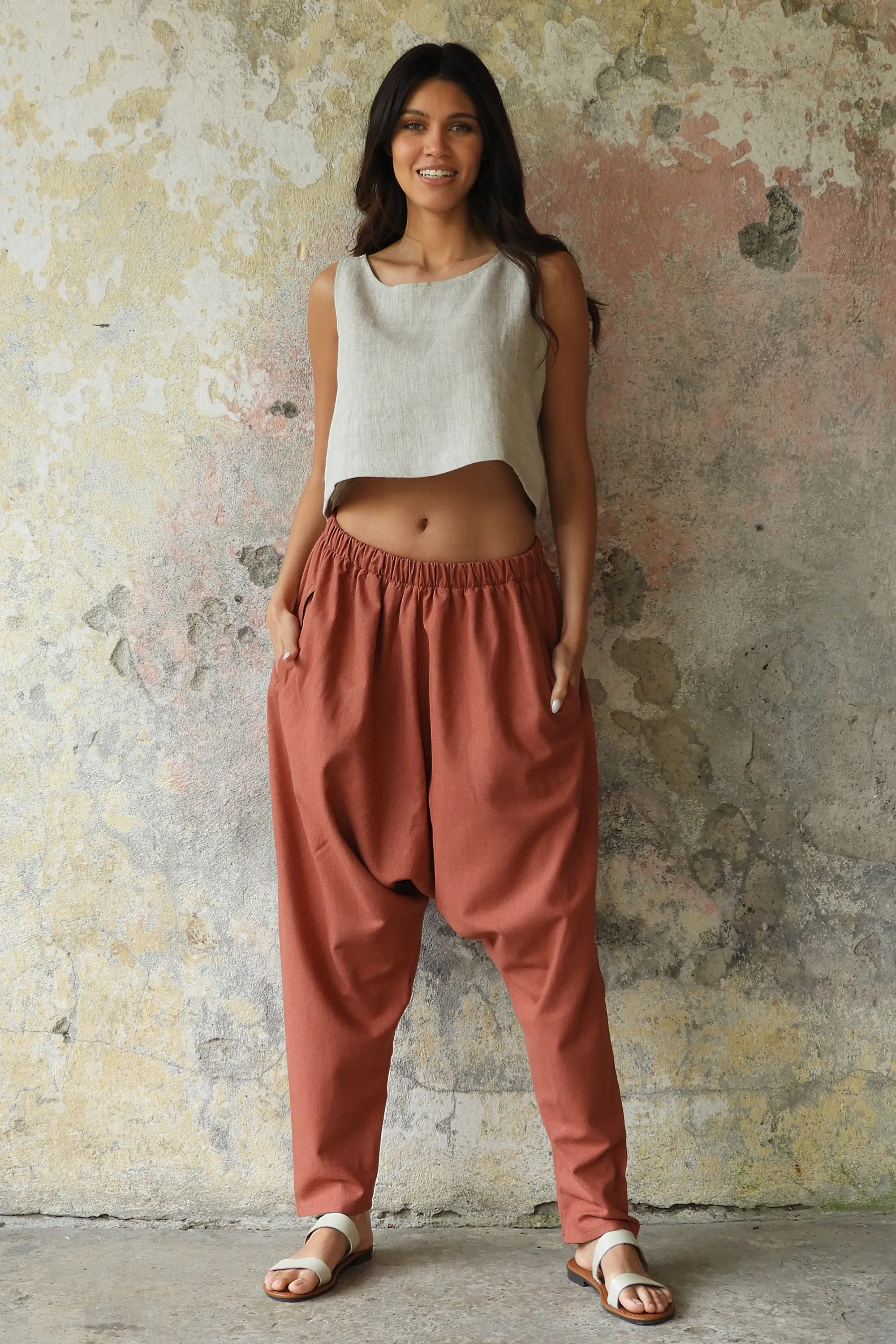 MOON Women's Linen Blend Harem Pants (Terra Cotta, Almond Green)
