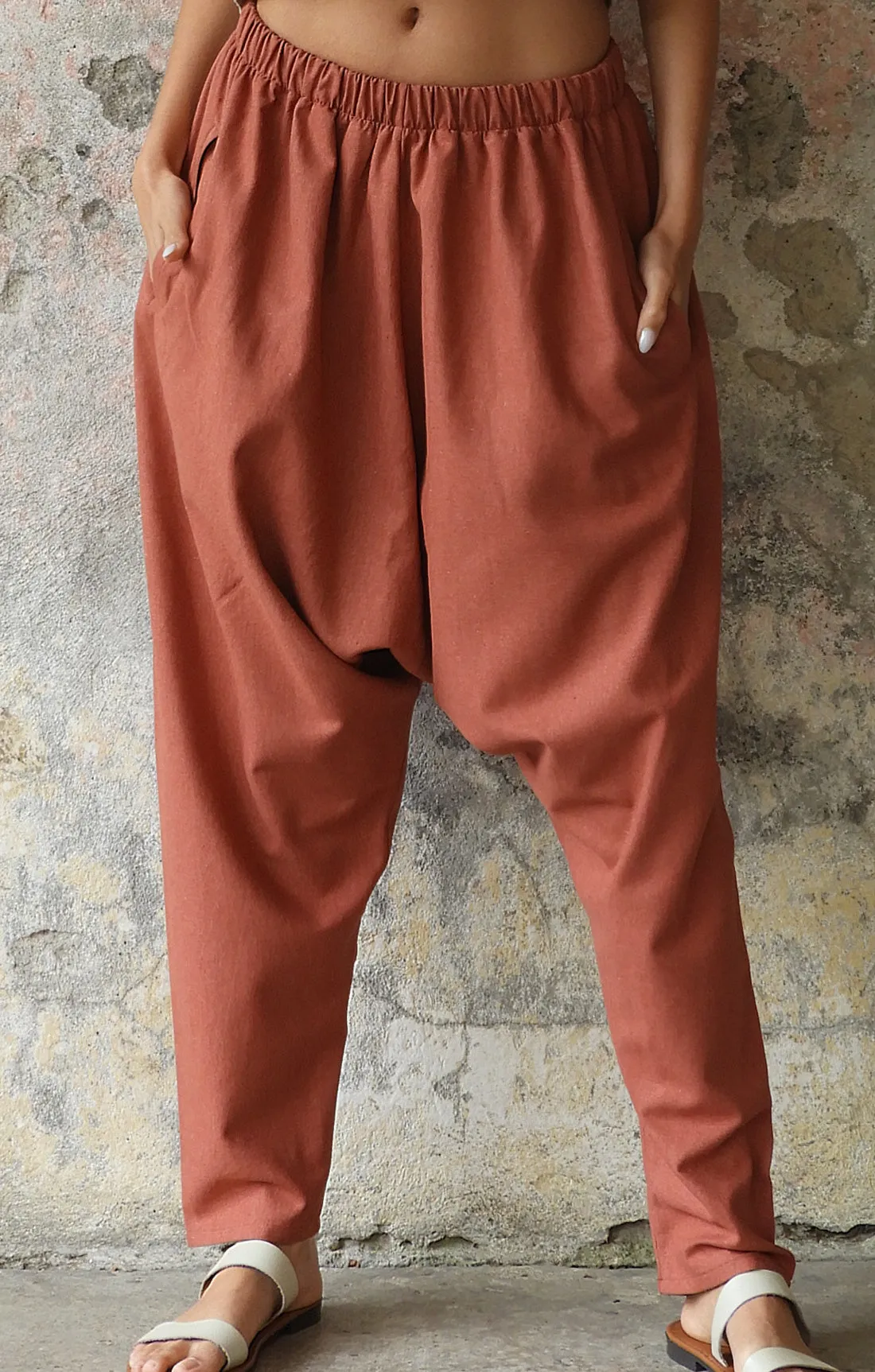 MOON Women's Linen Blend Harem Pants (Terra Cotta, Almond Green)