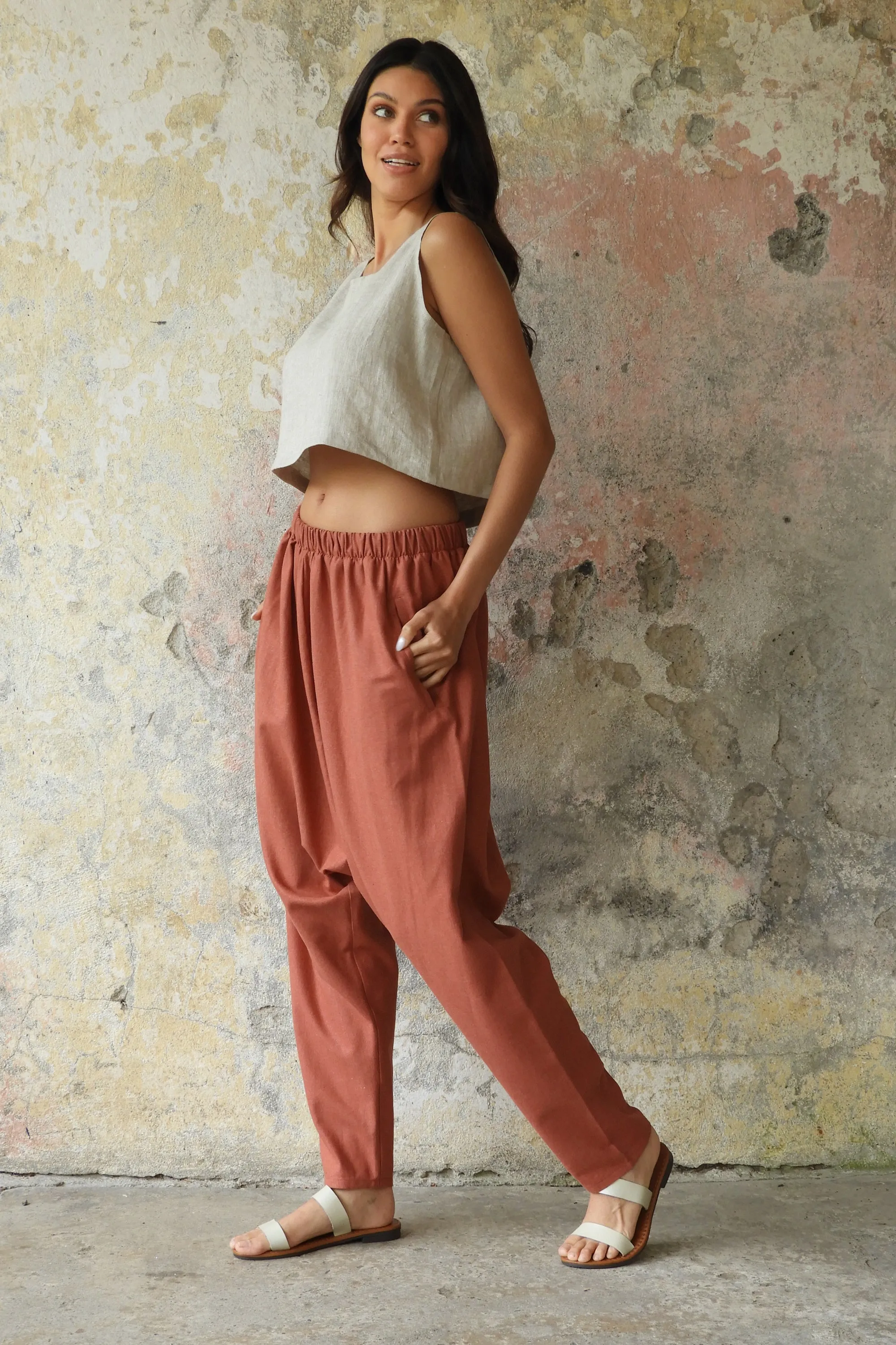 MOON Women's Linen Blend Harem Pants (Terra Cotta, Almond Green)
