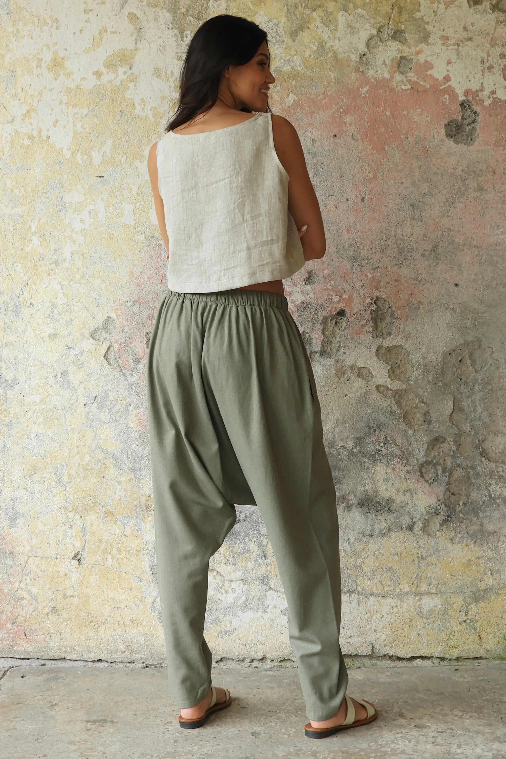 MOON Women's Linen Blend Harem Pants (Terra Cotta, Almond Green)