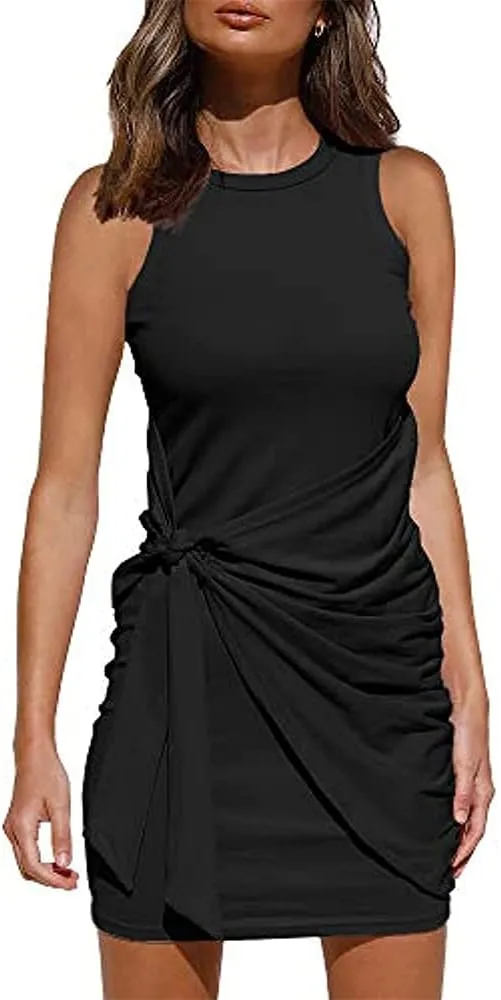 New Isermeo Women's Sleeveless Crew Neck Tank Dress Tie Waist Ruched Dress, Black size Large