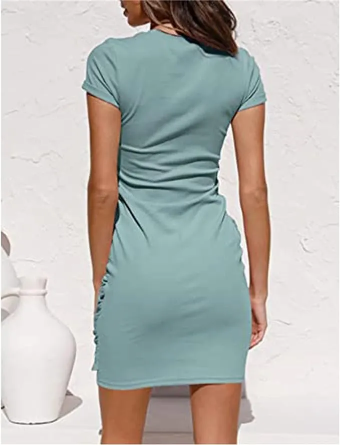 NEW MEROKEETY Women's Short Sleeve Crew Neck T Shirt Dress Tie Waist Ruched Bodycon Mini Dress, Light Blue, Sz M