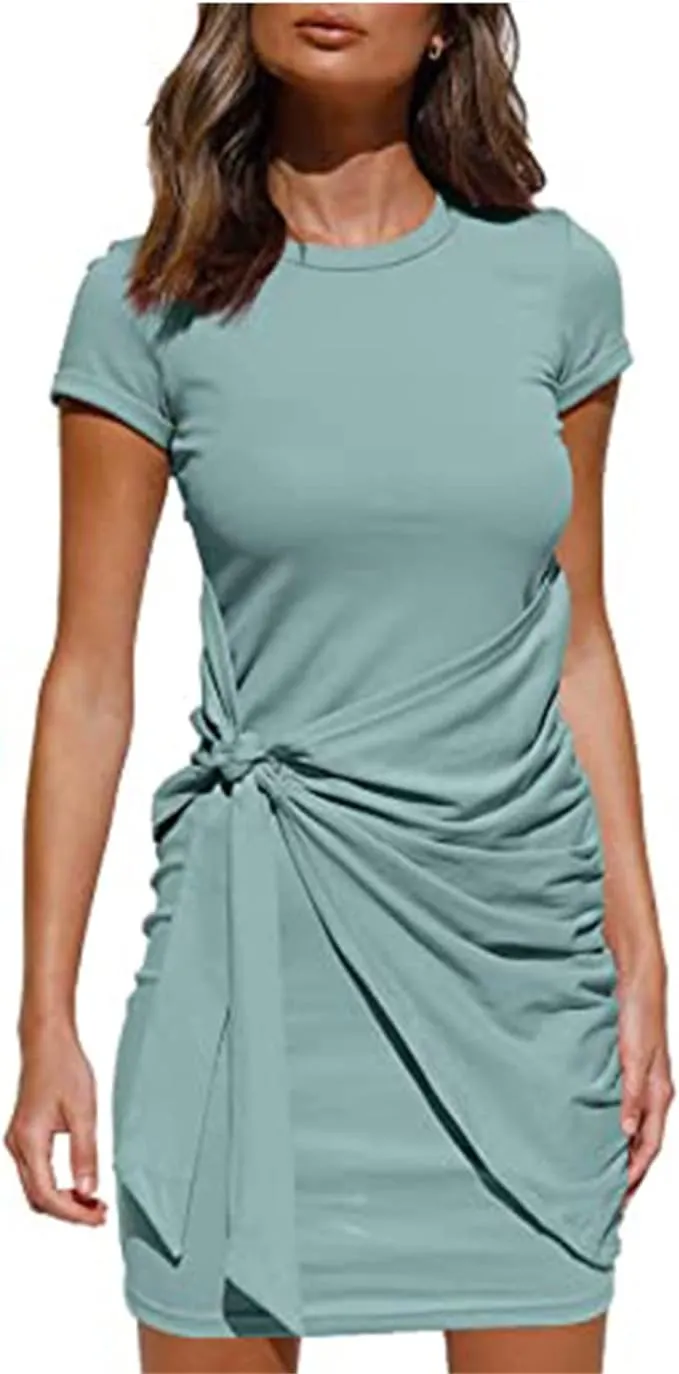 NEW MEROKEETY Women's Short Sleeve Crew Neck T Shirt Dress Tie Waist Ruched Bodycon Mini Dress, Light Blue, Sz M
