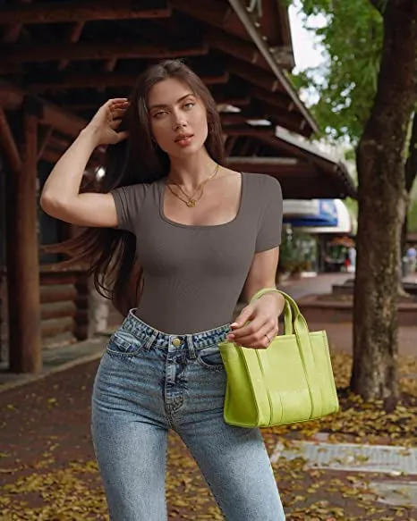 New Square Neck Short Sleeve Skinny Bodysuit