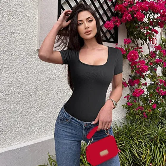 New Square Neck Short Sleeve Skinny Bodysuit