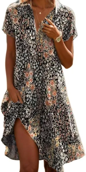 NEW Women Floral V-Neck Short Sleeve Midi Dress Summer Bohemian Floral Henley Collar V Neck High Waist A-Line Flowy Dress Sz M