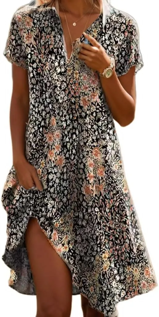NEW Women Floral V-Neck Short Sleeve Midi Dress Summer Bohemian Floral Henley Collar V Neck High Waist A-Line Flowy Dress Sz M
