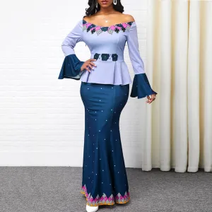 Off Shoulder Print Long Sleeve Fishtail Party Dress