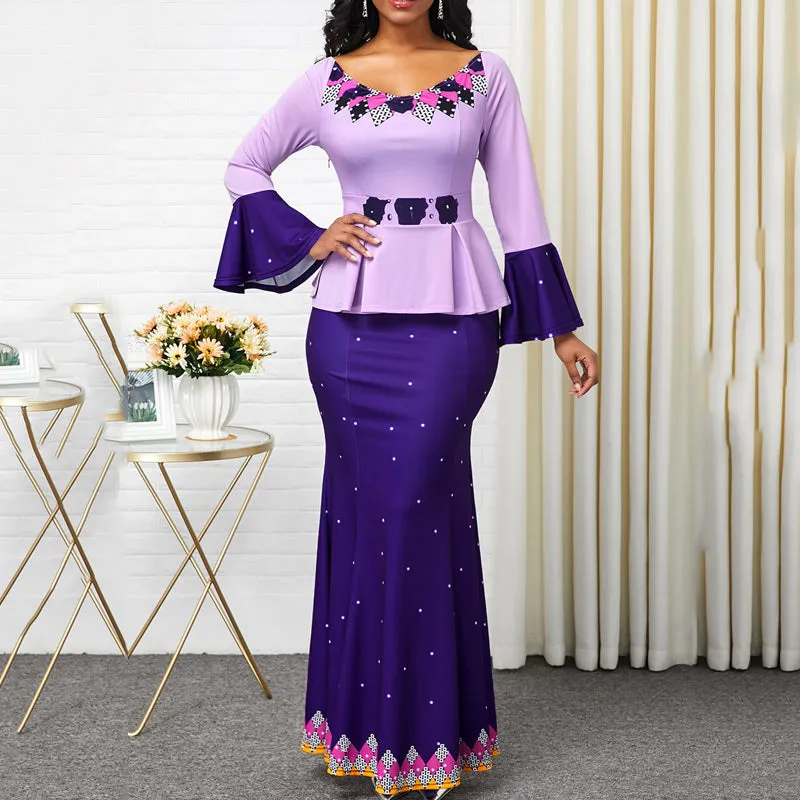 Off Shoulder Print Long Sleeve Fishtail Party Dress